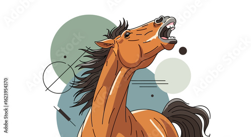 Energetic Brown Horse Neighing Illustration with Abstract Geometric Background