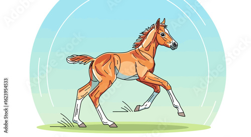 Cute Chestnut Foal Trotting Vector Illustration