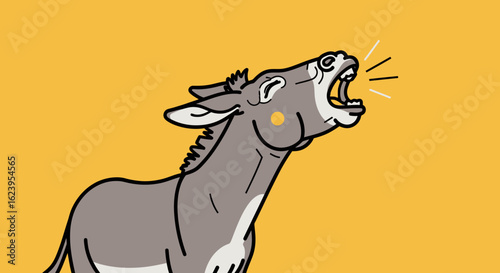 Gray Donkey Braying Illustration with Sound Waves on Yellow Background