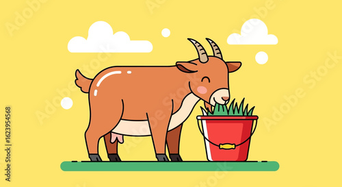 Happy Farm Goat Eating Grass from Red Bucket Cartoon Vector Illustration