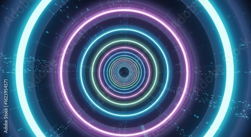 Abstract neon tunnel of glowing concentric circles, vibrant colors, digital art.