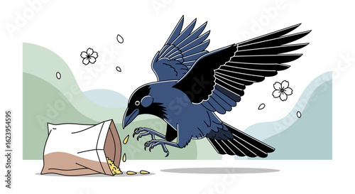 Crow Swooping Down to Eat Spilled Seeds from an Open Bag Illustration