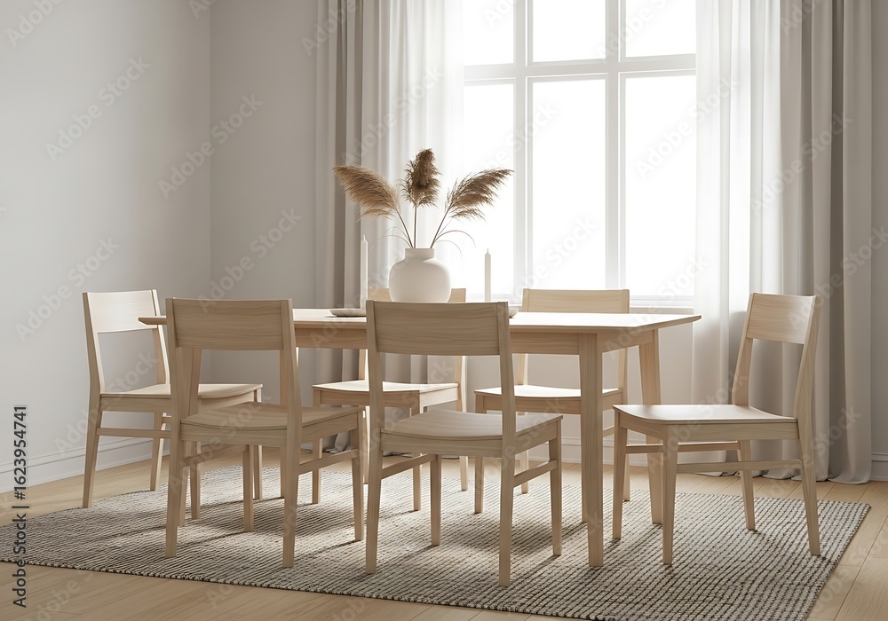 Obraz premium Bright and airy dining room interior with wooden table and chairs near window