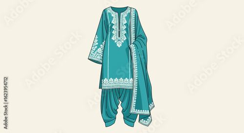 Elegant Teal Salwar Kameez with Intricate White Embroidery
