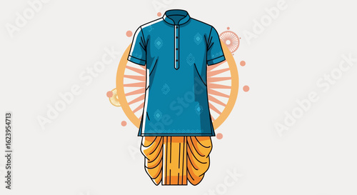 Traditional Indian Men's Outfit: Blue Kurta and Yellow Dhoti with Cultural Motif, Ethnic Wear Illustration
