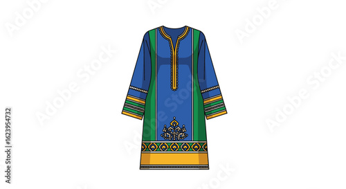 Vibrant Blue and Green Ethnic Tunic with Traditional Patterns and Ornate Details