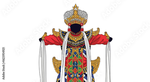 Vibrant Cultural Puppet Character with Golden Crown and Intricate Garment