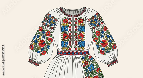 Vibrant Vyshyvanka: Traditional Ukrainian Embroidered Dress Illustration with Folk Motifs