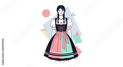 Young Woman in Traditional Bavarian Dirndl Dress Flat Illustration with Geometric Background
