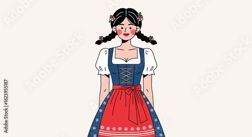 Smiling Woman in Traditional Bavarian Dirndl Dress. Flat Illustration of German Folk Costume Character.