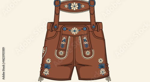 Traditional Bavarian Lederhosen with Intricate Floral Embroidery and Suspenders