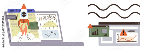 Rocket launching from a laptop, representing product success, alongside charts, data errors, and analytics visuals. Ideal for innovation, data-driven strategy, business growth, leadership risk