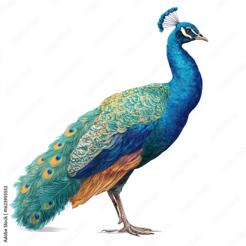 Obraz premium Beautiful male peacock standing proudly isolated on white background