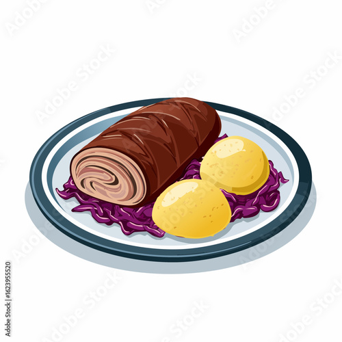  Rinderroulade mit Rotkohl und Klößen