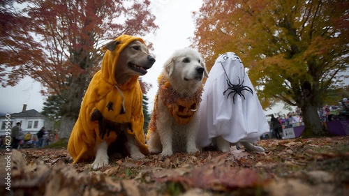 Wallpaper Mural Three dogs dressed in Halloween costumes with autumn trees in the background. Torontodigital.ca