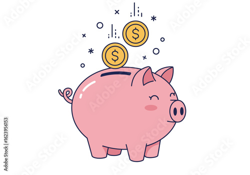 A Cheerful Pink Piggy Bank Illustration Symbolizing Saving Money and Financial Growth with Coins Falling into its Slot Representing Investment and Accumulation of Wealth
