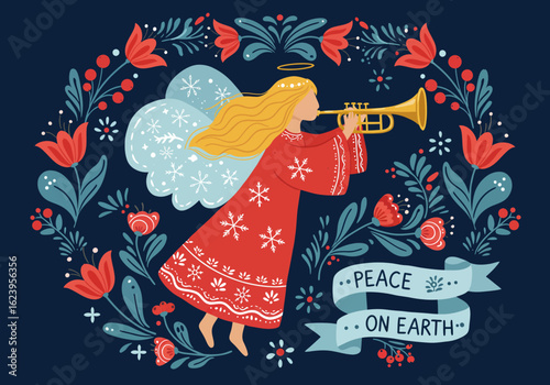 A Serene Angel with Golden Trumpet Delivers a Message of Peace on Earth Amidst a Beautiful Floral Wreath