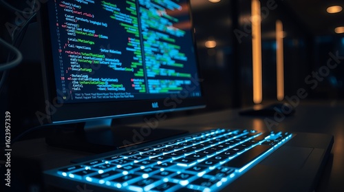 a computer screen displaying lines of program code in futuristic neon blue lighting