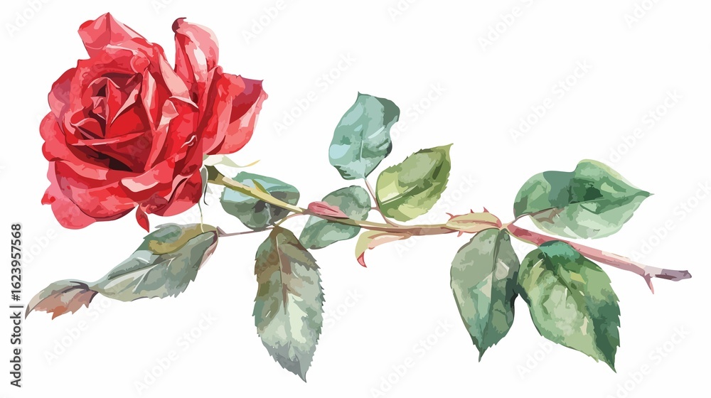Fototapeta premium Watercolor painting of a red rose with green leaves