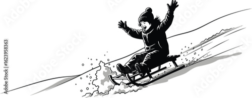 Vector art of silhouette of a child sledding down a snowy hill in winter, isolated on white background