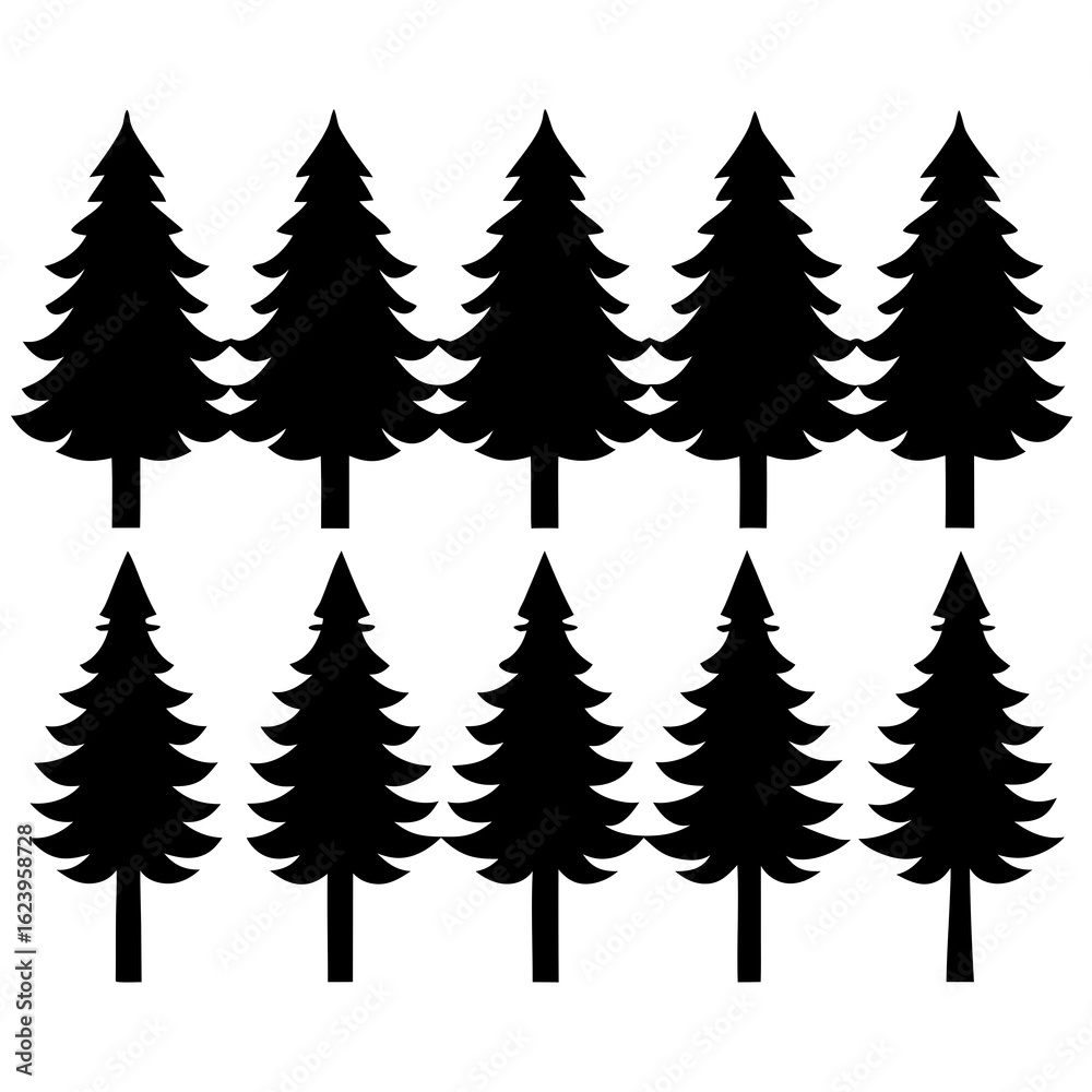 Fototapeta premium Pattern of ten identical black pine tree silhouettes arranged in two rows on a white background