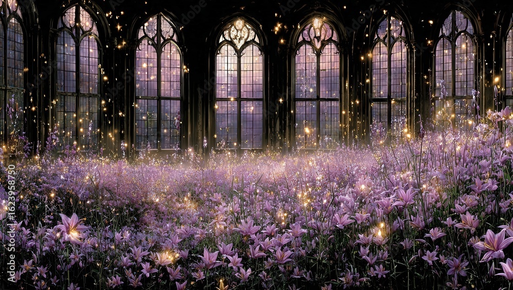 Naklejka premium Magical Glowing Purple And Pink Flowers In Gothic Windows
