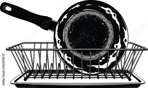 Vector art of a black and white illustration of a frying pan on a dish rack, isolated on white background