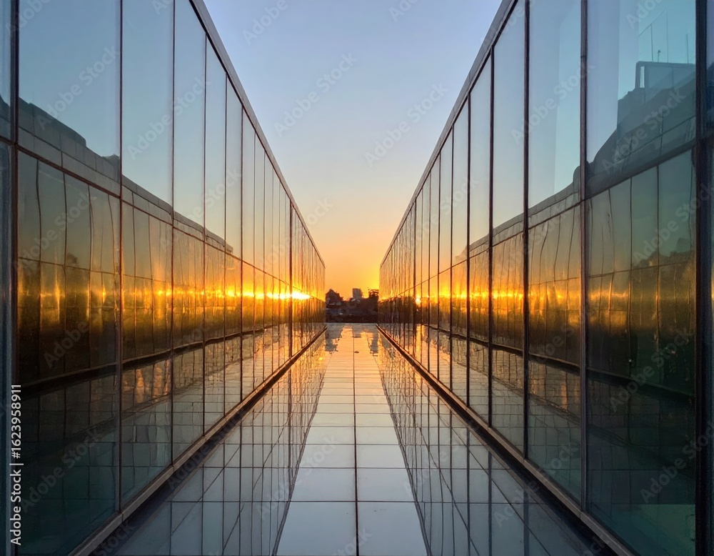 Obraz premium Glass And Steel Corridor Leading To Sunset Horizon With Symmetrical Reflection