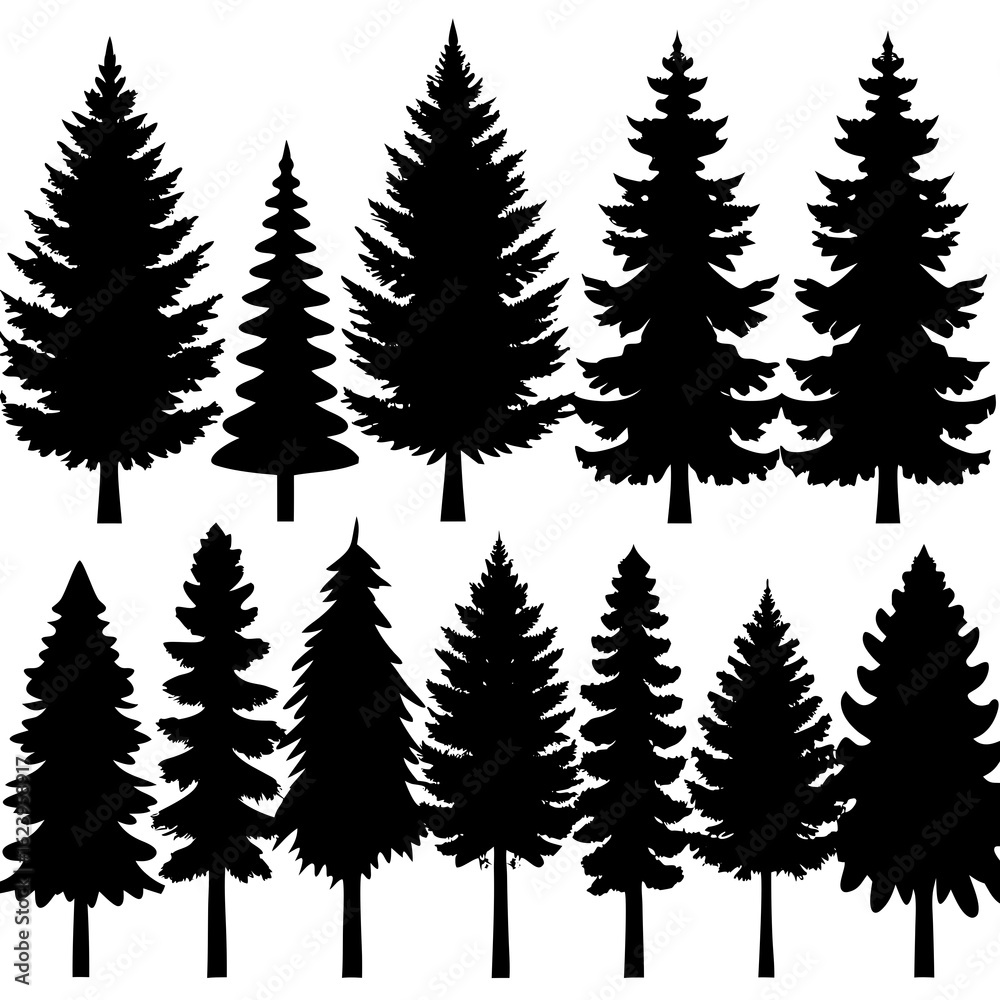 Obraz premium Collection of diverse pine tree silhouettes in various sizes and shapes for natural design elements silhouette