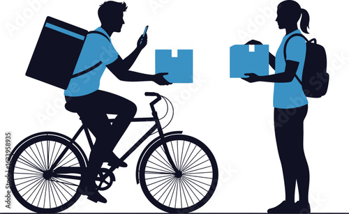 Vector art of silhouette of a delivery courier on a bicycle handing a package to a woman, isolated on white background