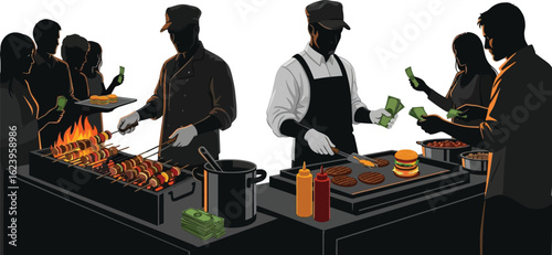 Vector art of a bustling street food market scene with vendors grilling and customers buying food, a modern vector illustration isolated on white background