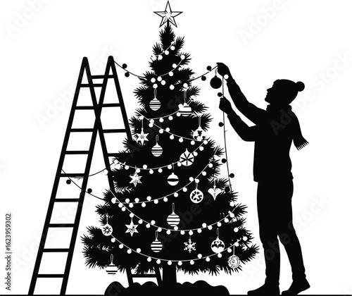 Vector art of a person is decorating a christmas tree with ornaments and lights, isolated on white background