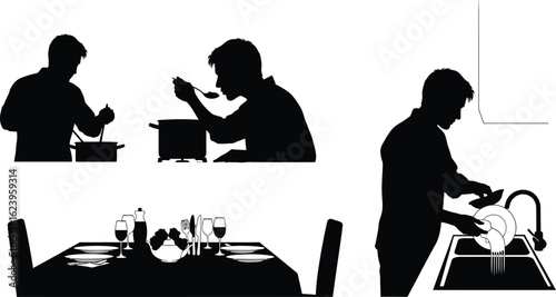 Vector art of silhouettes of a man cooking, eating, setting the table, and washing dishes, depicting a daily routine isolated on white background