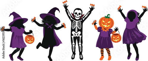 Vector art of group of kids in halloween costumes, including witches, a skeleton, and a pumpkin, celebrating and trickortreating isolated on white background