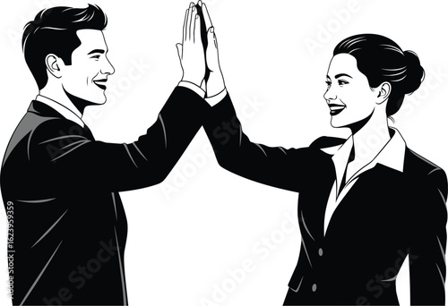 Vector art of business man and woman giving a high five, symbolizing teamwork, success, and collaboration isolated on white background
