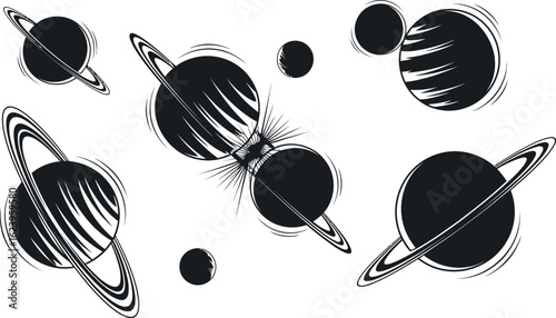 Vector art of handdrawn planets isolated on white background, showcasing a celestial collection of cosmic bodies with unique ring systems and orbital paths