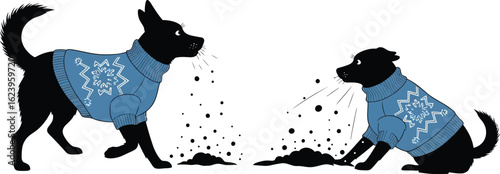 Vector art of two dogs in winter sweaters are vomiting, isolated on white background