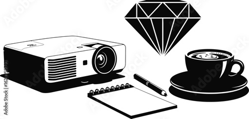 Vector art of a projector, diamond, coffee cup, notepad, and pen arranged in a still life composition isolated on white background, representing business and creativity