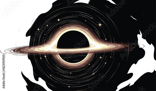 Vector art of a mesmerizing illustration of a black hole, a region in spacetime with extreme gravity, surrounded by swirling light and cosmic dust, showcasing the enigmatic nature of the universe