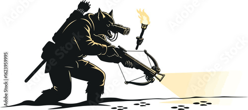 Vector art of a wolf warrior with a crossbow and torch, isolated on white background, embodying a dark fantasy character ready for adventure in a monochrome silhouette