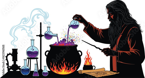 Vector art of a wizard is brewing a magical potion in a cauldron, surrounded by flasks and mystical elements isolated on white background