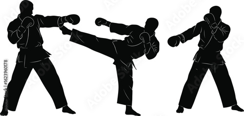 Vector art of silhouettes of karate fighters performing kicks and punches isolated on white background, showcasing martial arts techniques and action