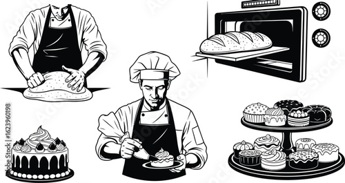 Vector art of a collection of bakers preparing baked goods isolated on white background