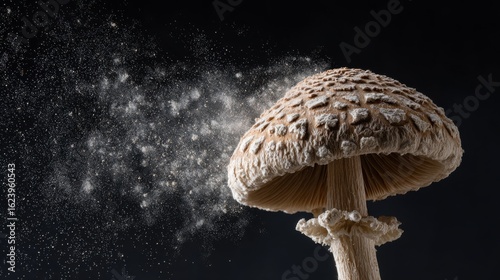 A mature mushroom releasing a fine cloud of spores into still air, captured with high-speed lighting.