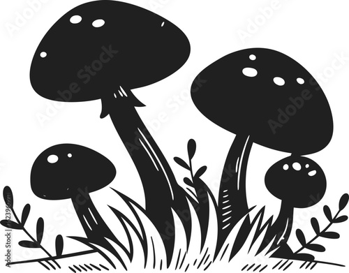 Whimsical hand drawn illustration of a cluster of spotted mushrooms growing in grass and foliage isolated on transparent background