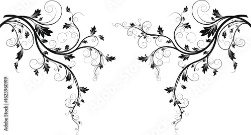Vector art of elegant floral ornaments with swirling leaves and branches create a vintage and decorative design element, isolated on white background