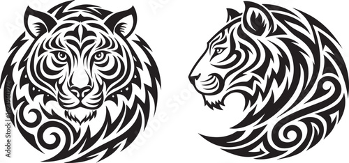 Tribal tiger head front and side view artistic tattoo design isolated on transparent background