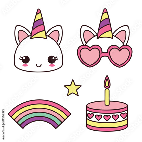 Magical Birthday Sticker Set with Unicorn Slippers, Sparkly Tiara, Heart Glasses, and Rainbow Candle Cake