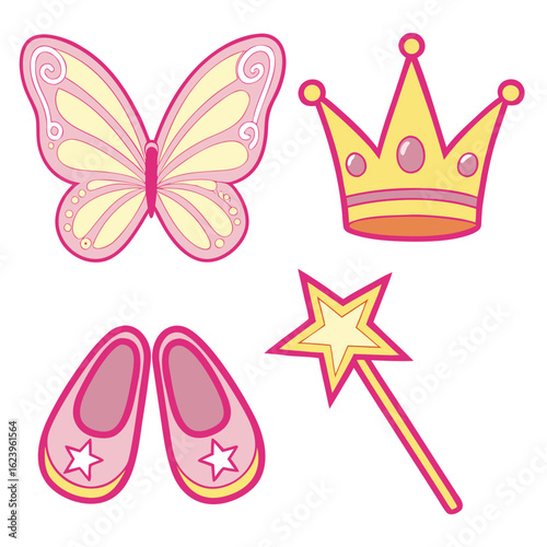 Magical Party Set with Fairy Wings, Star Wand, Pearl Crown, and Sparkly Slippers – Sticker Icons on White