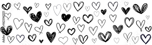 Doodle hearts drawn by hand. Grunge scrawls, chalk scribbles, rough brush strokes, underlines and circles